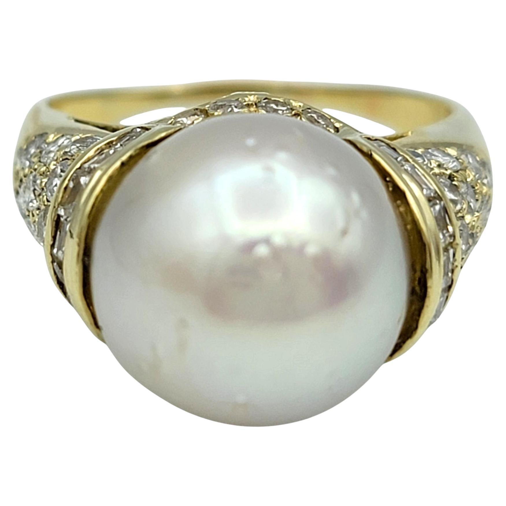 Contemporary High Profile Pearl Cocktail Ring with Pavé Diamond Accents 14 Karat Yellow Gold For Sale