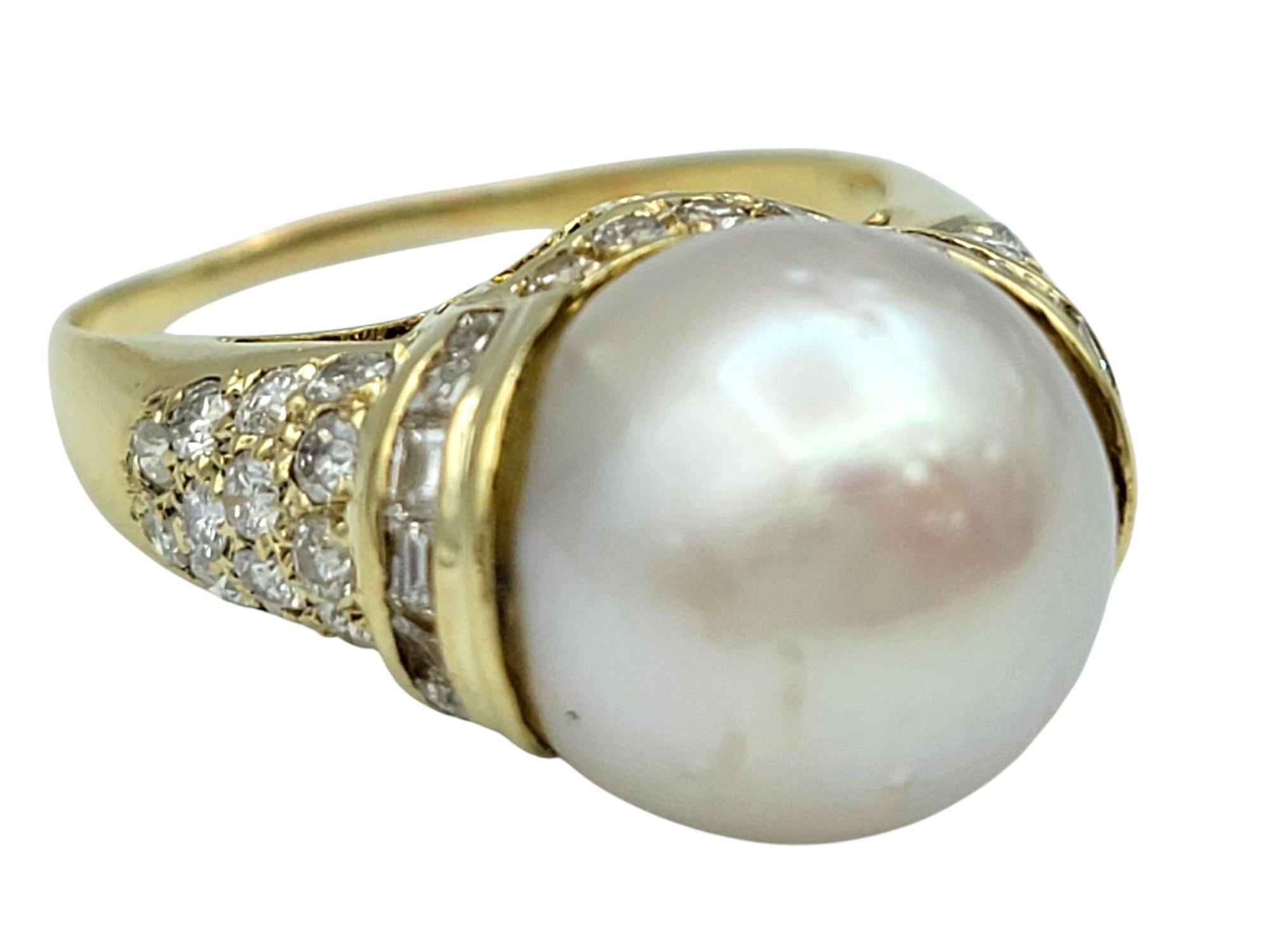 High Profile Pearl Cocktail Ring with Pavé Diamond Accents 14 Karat Yellow Gold In Good Condition For Sale In Scottsdale, AZ