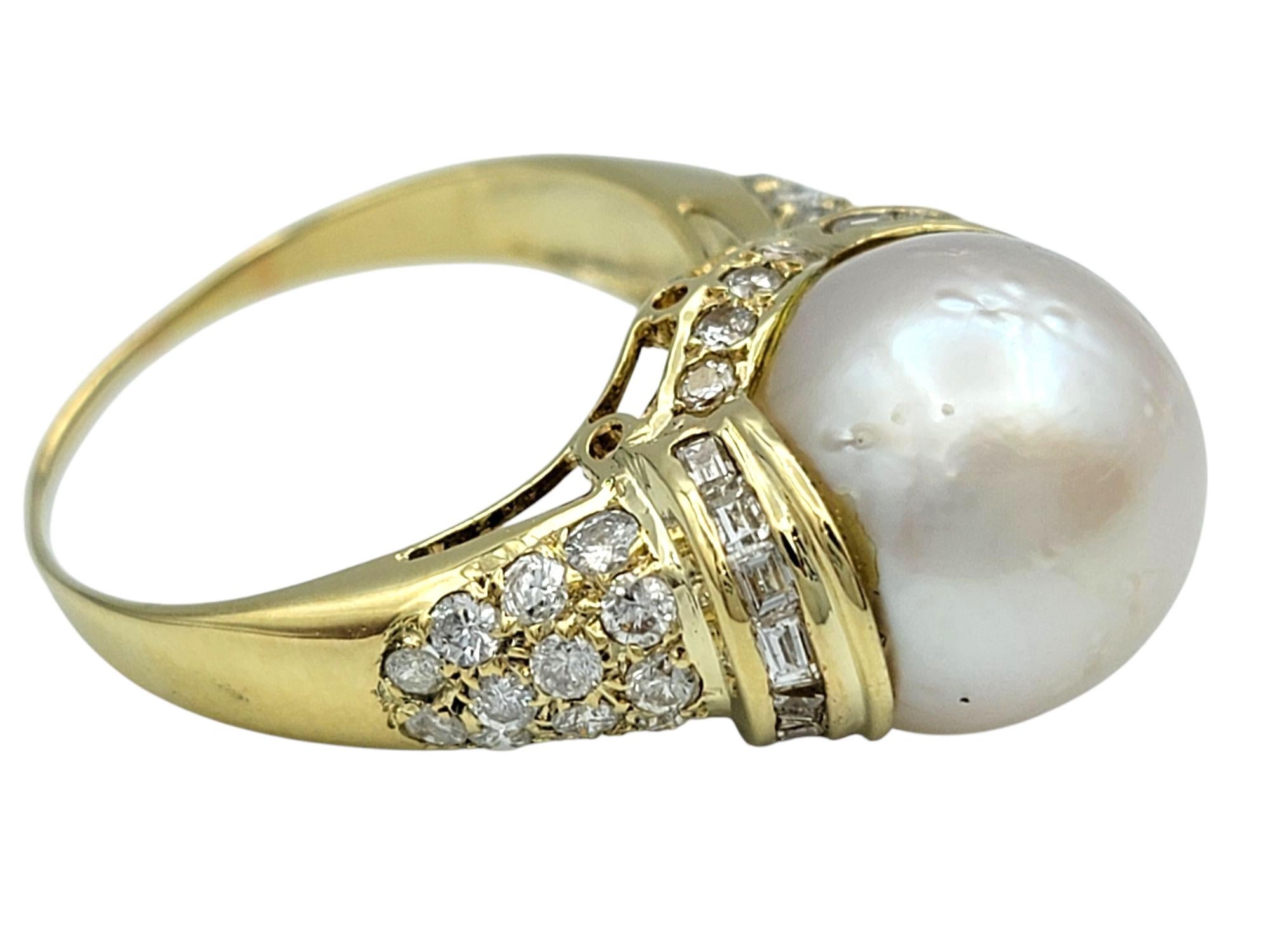 Women's High Profile Pearl Cocktail Ring with Pavé Diamond Accents 14 Karat Yellow Gold For Sale