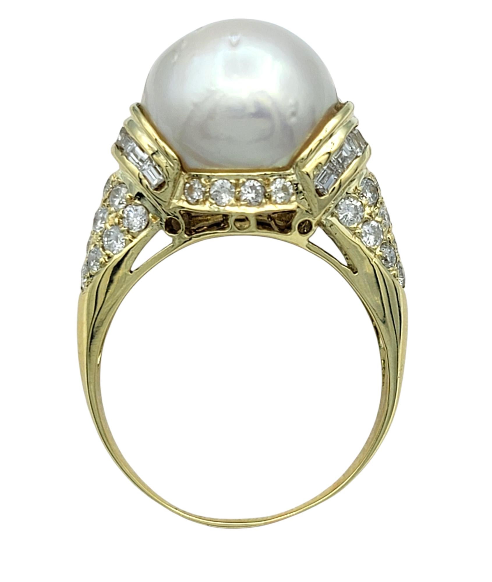 High Profile Pearl Cocktail Ring with Pavé Diamond Accents 14 Karat Yellow Gold For Sale 1