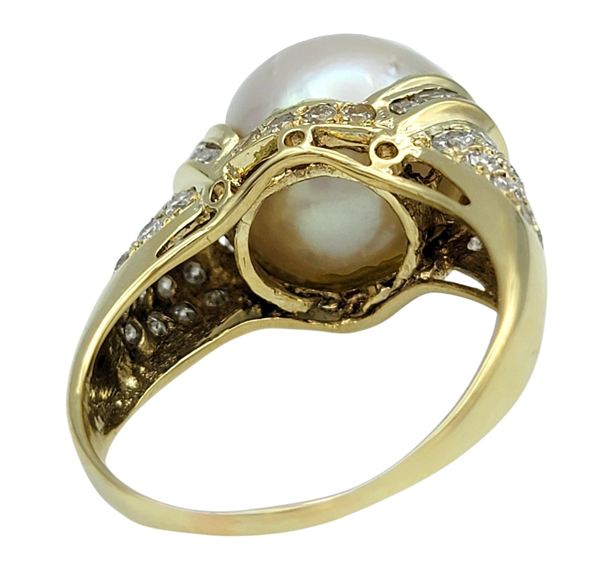 High Profile Pearl Cocktail Ring with Pavé Diamond Accents 14 Karat Yellow Gold For Sale 2