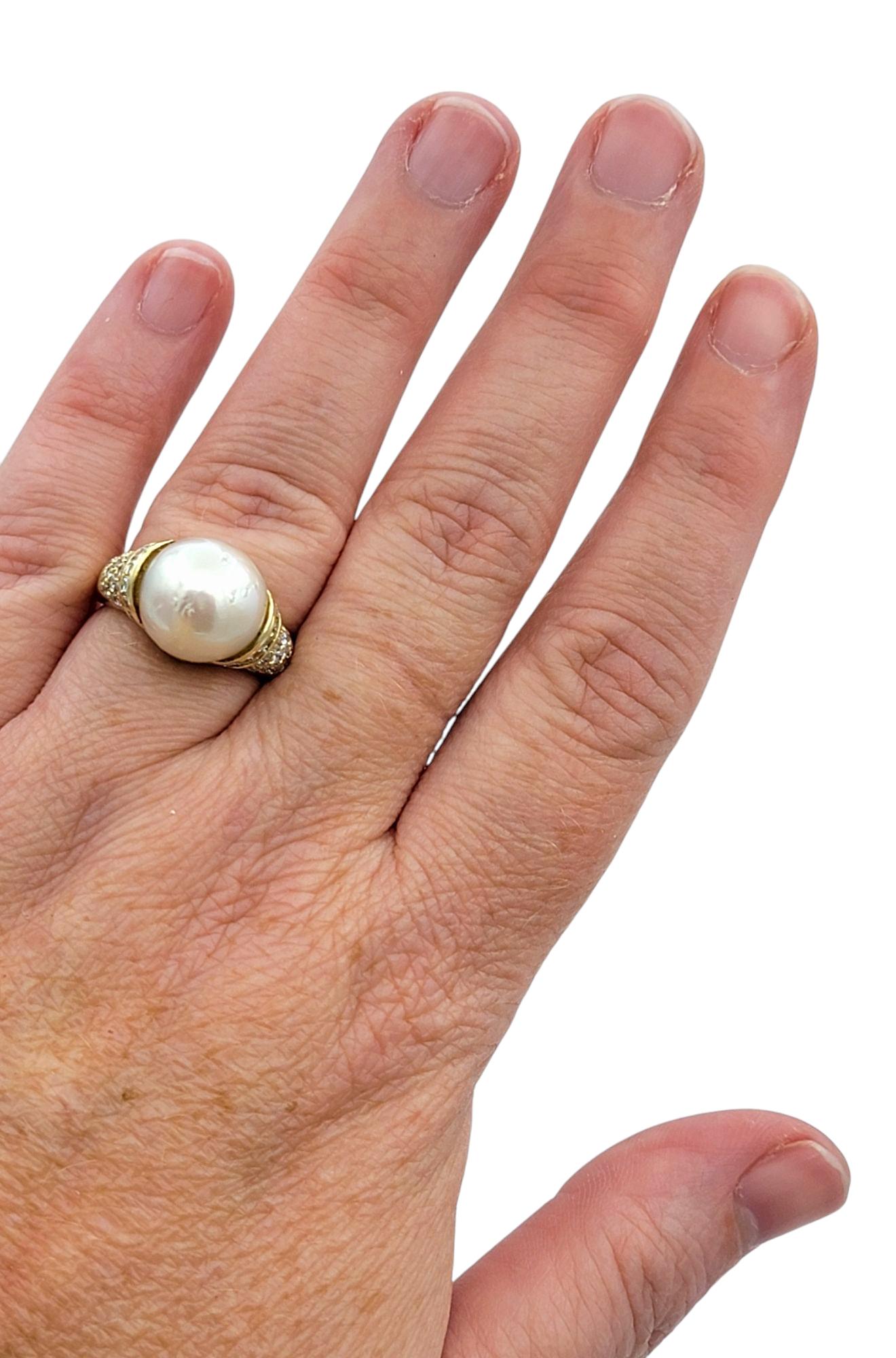High Profile Pearl Cocktail Ring with Pavé Diamond Accents 14 Karat Yellow Gold For Sale 3