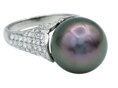 High Profile Tahitian Pearl Cocktail Ring with Pavé Diamonds 18 Karat White Gold