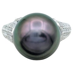 High Profile Tahitian Pearl Cocktail Ring with Pavé Diamonds 18 Karat White Gold