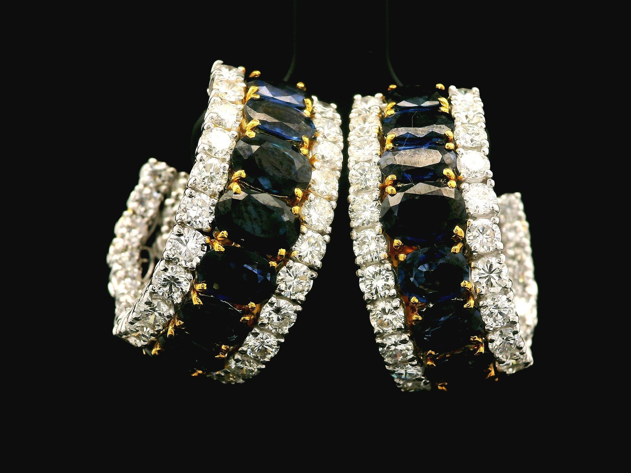 Boucles d'oreilles en or 18k de haute qualité 11.95ctw saphir et diamant Cuff Curved In Out en vente 1