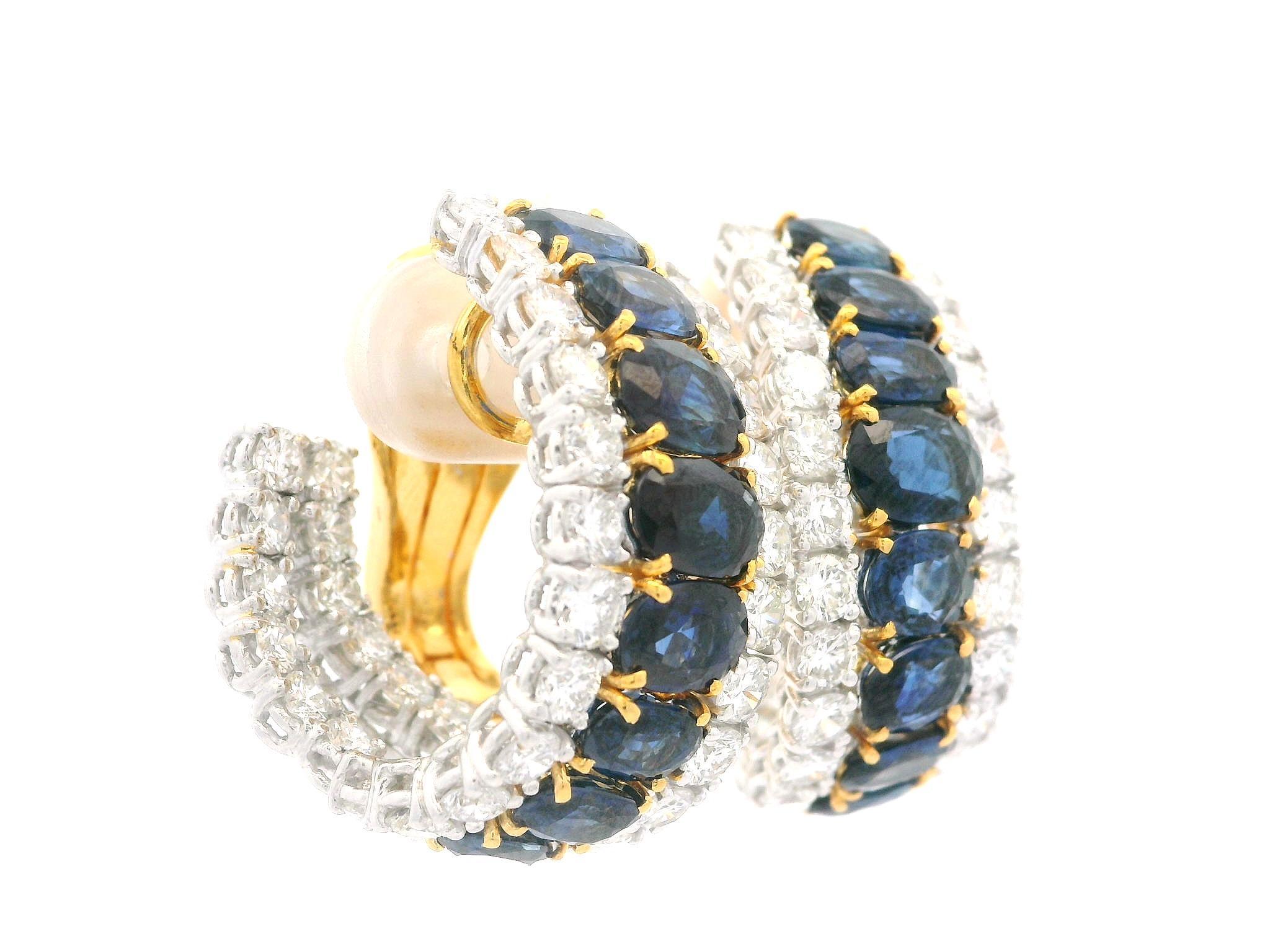 Boucles d'oreilles en or 18k de haute qualité 11.95ctw saphir et diamant Cuff Curved In Out en vente 3