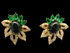 High Quality 18k Gold GIA 16.53ctw Sapphire Emerald & Diamond Flower Earrings