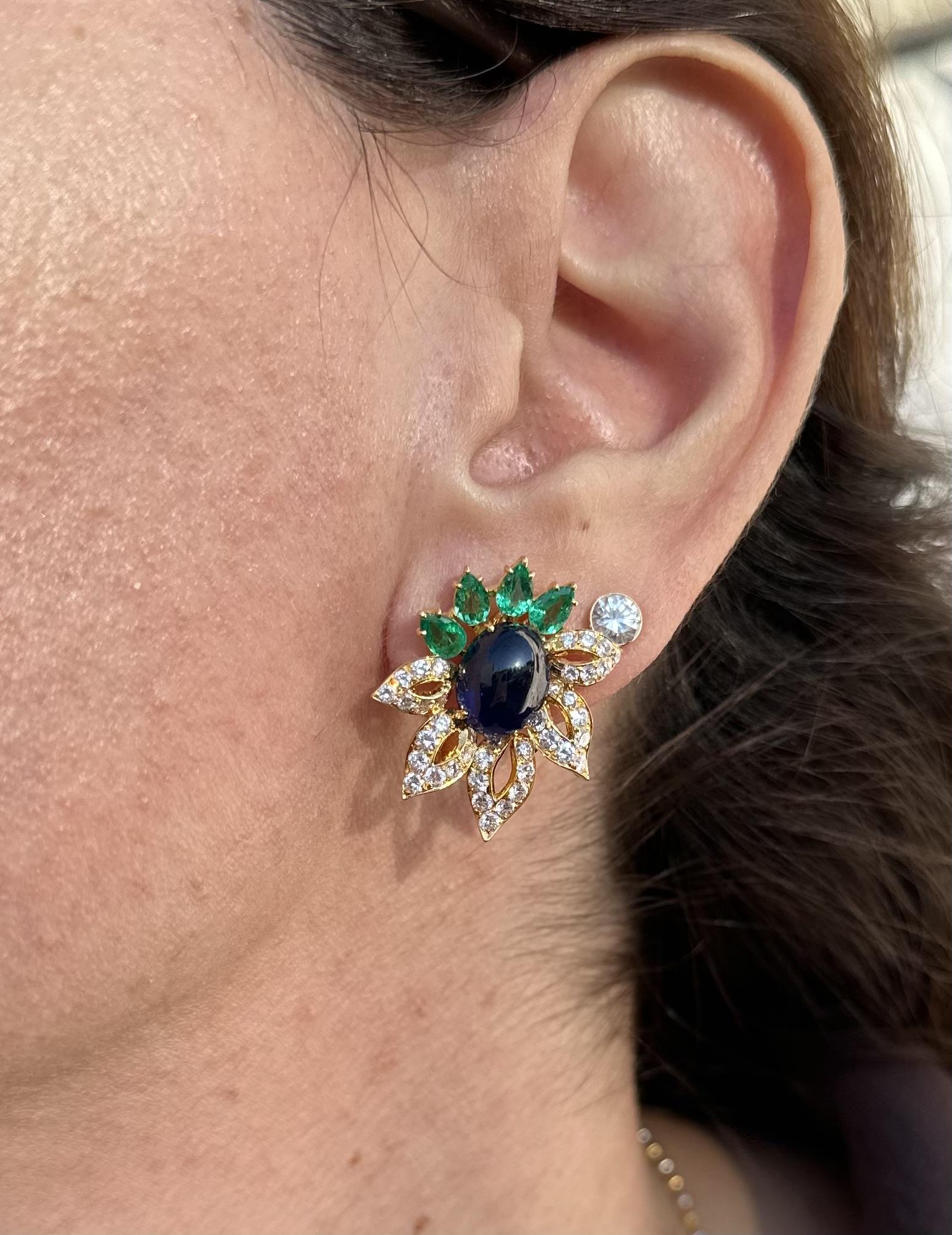 Orecchini a fiore di alta qualità in oro 18k GIA con smeraldo zaffiro e diamante da 16,53ctw in vendita 3