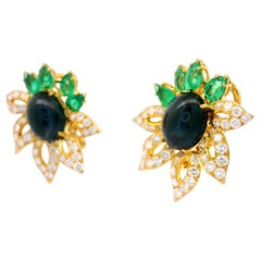 High Quality 18k Gold GIA 16.53ctw Sapphire Emerald & Diamond Flower Earrings