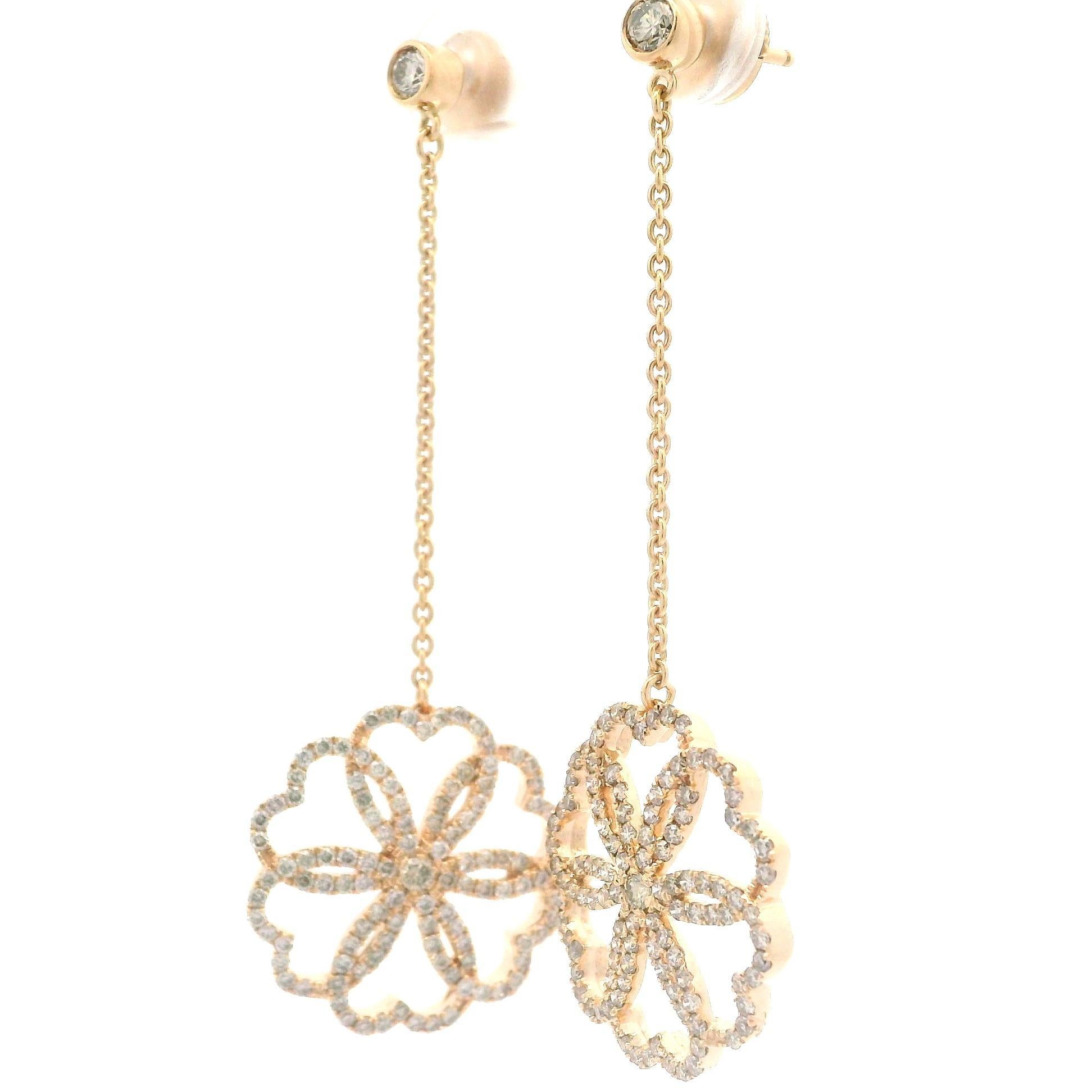 Orecchini pendenti floreali a catena in oro giallo 18k di alta qualità con diamanti da 1,30 ct. In condizioni ottime in vendita a Montclair, NJ