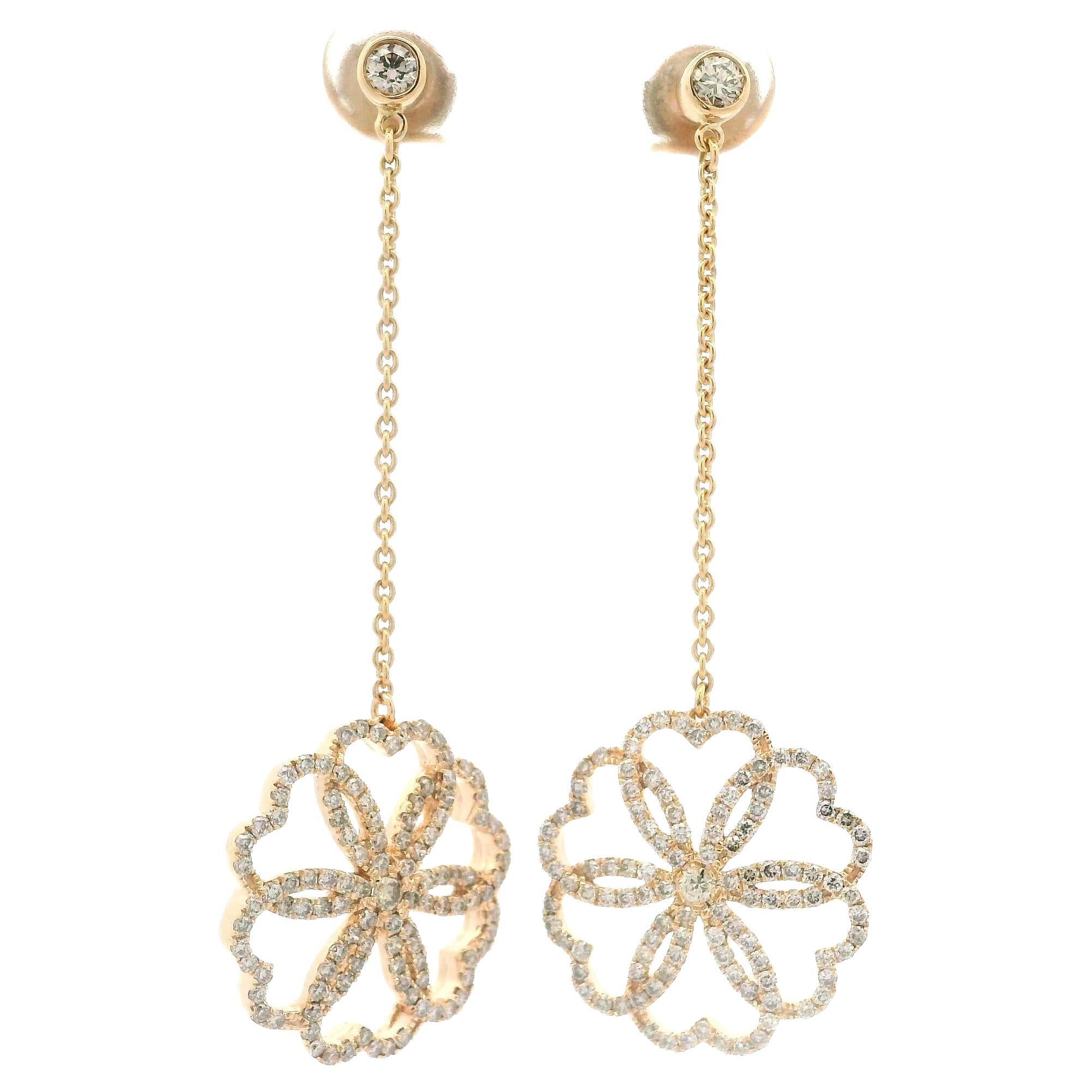 High Quality 18k Yellow Gold 1.30ctw Diamond Chain Floral Dangle Drop Earrings