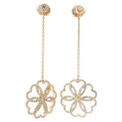 High Quality 18k Yellow Gold 1.30ctw Diamond Chain Floral Dangle Drop Earrings