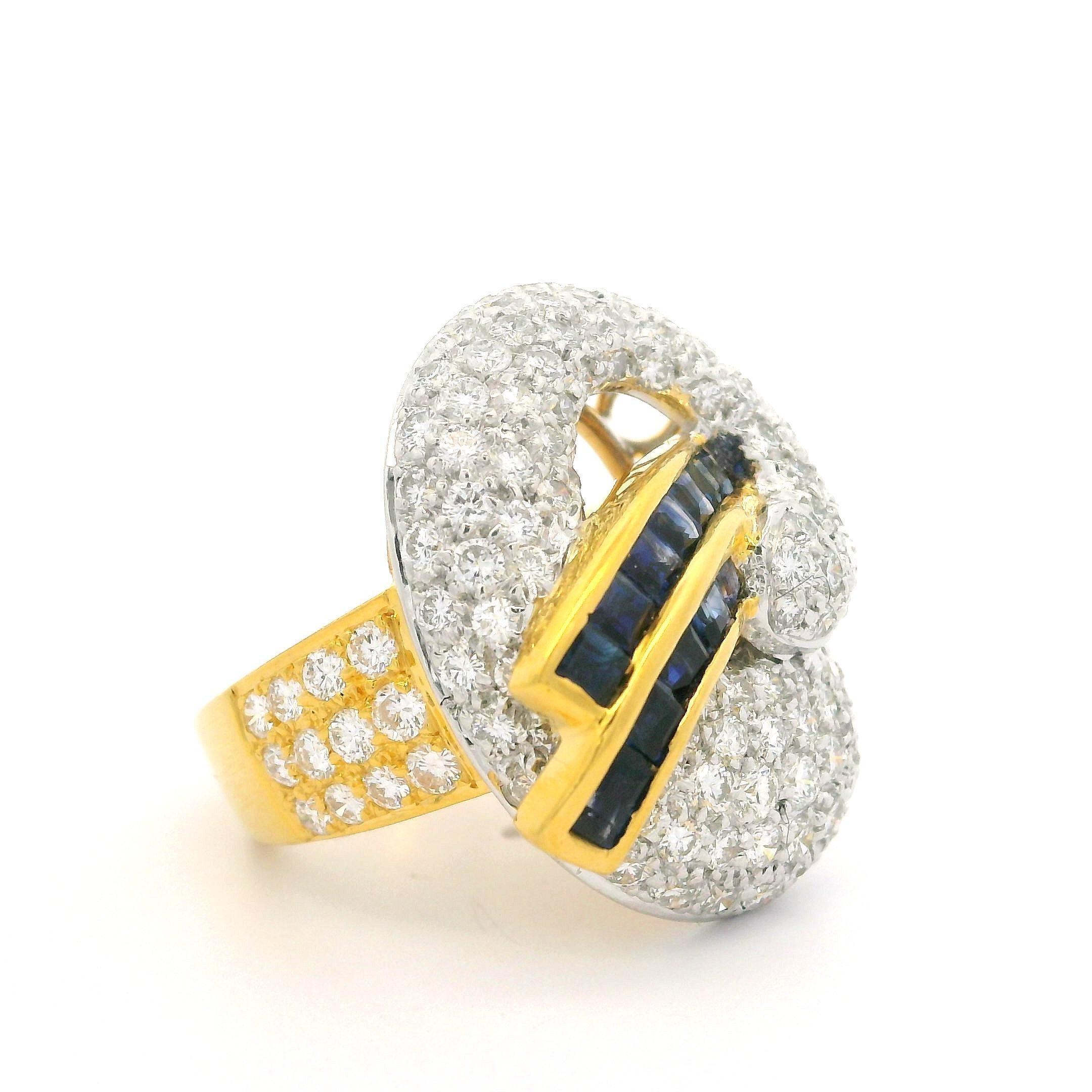 Square Cut High Quality 18k Yellow & White Gold 3.62ctw Sapphire Diamond Abstract Ring For Sale