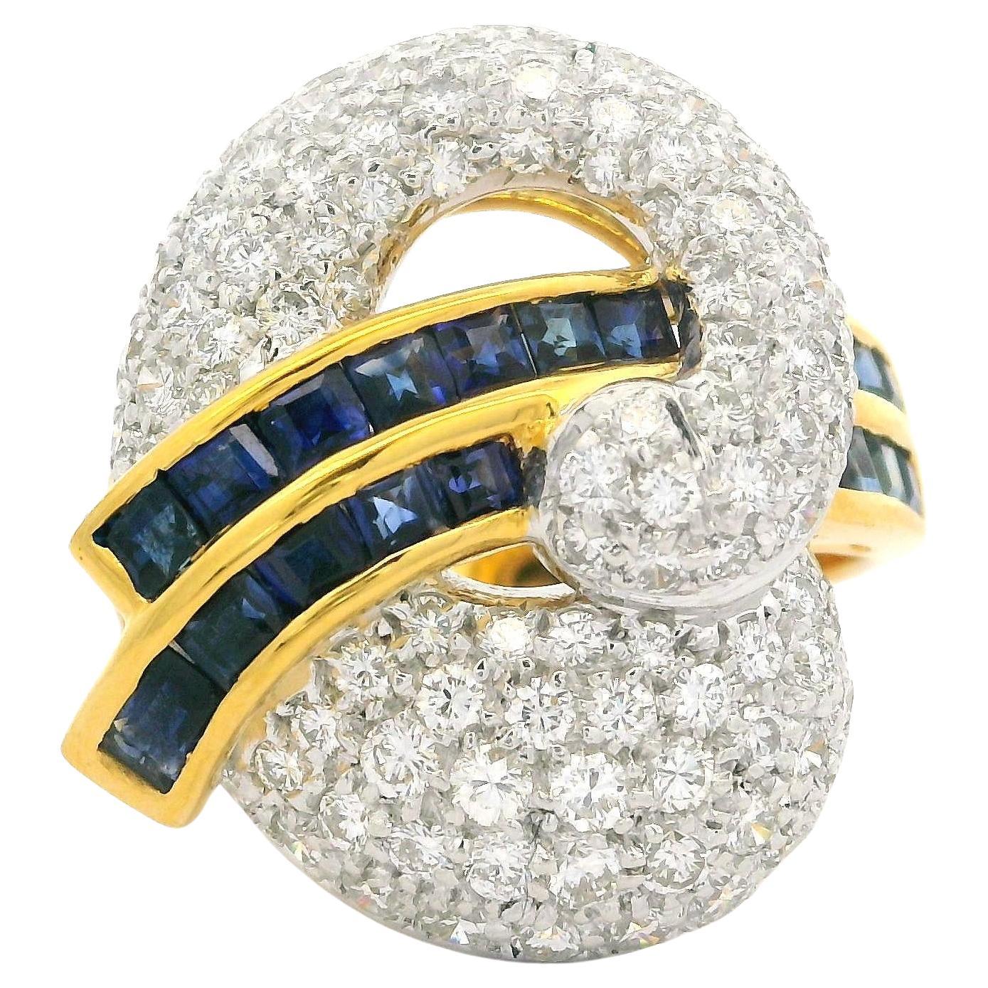 High Quality 18k Yellow & White Gold 3.62ctw Sapphire Diamond Abstract Ring For Sale