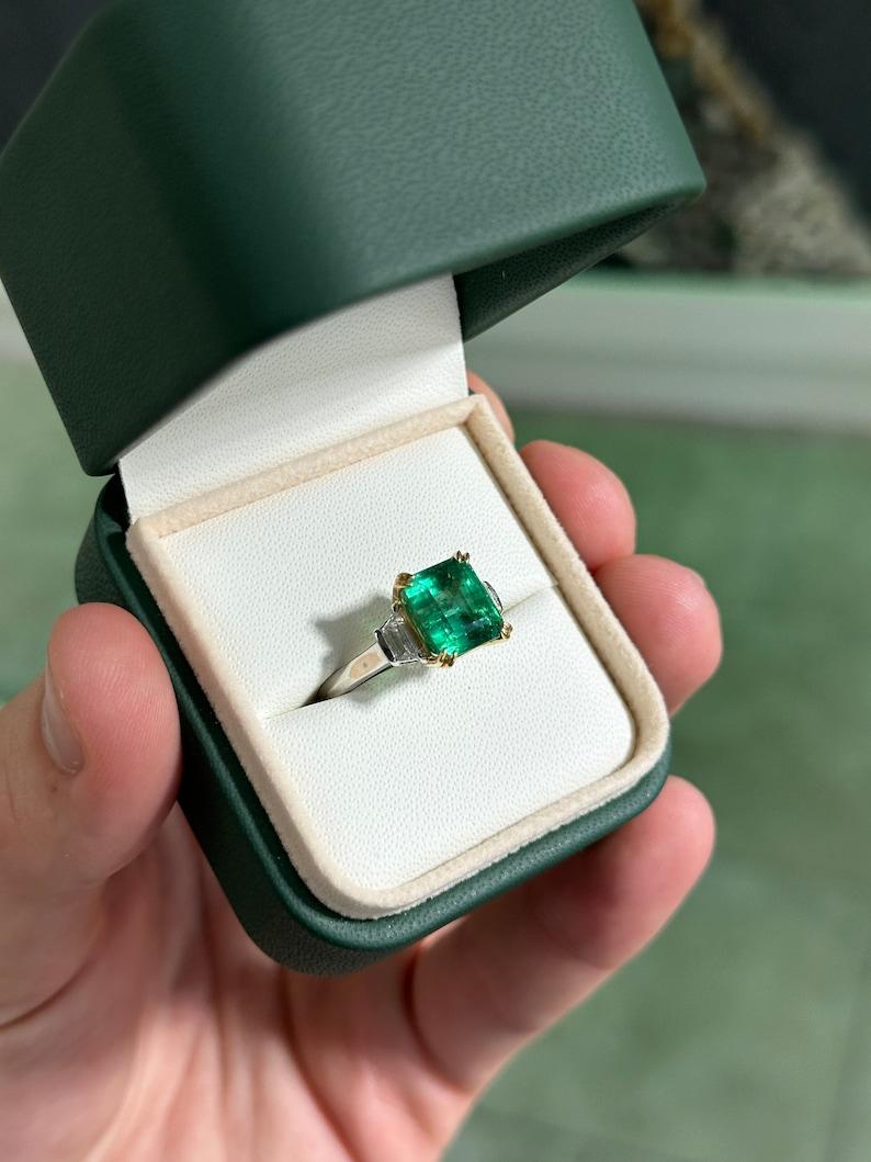 Romantic High-Quality 4.85tcw Asscher Cut Emerald & Diamond Three Stone Ring in 18K For Sale