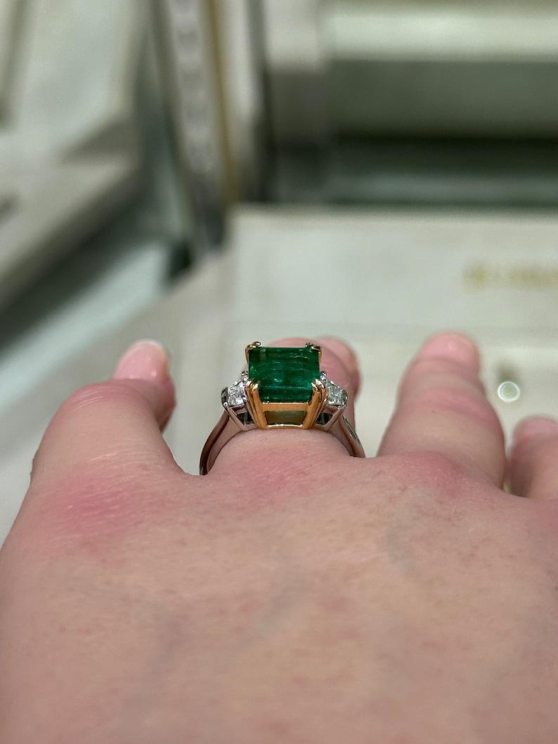 Emerald Cut High-Quality 4.85tcw Asscher Cut Emerald & Diamond Three Stone Ring in 18K For Sale