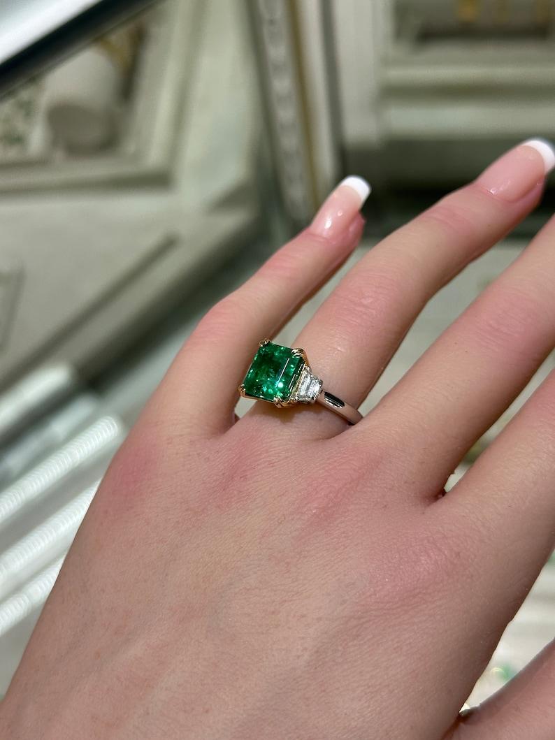 Women's High-Quality 4.85tcw Asscher Cut Emerald & Diamond Three Stone Ring in 18K For Sale