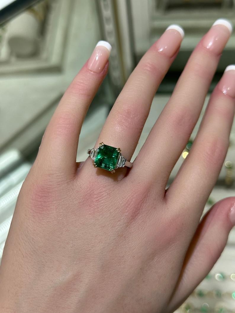 High-Quality 4.85tcw Asscher Cut Emerald & Diamond Three Stone Ring in 18K For Sale 2
