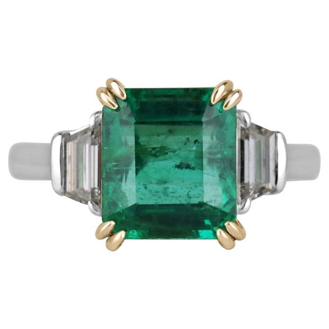 High-Quality 4.85tcw Asscher Cut Emerald & Diamond Three Stone Ring in 18K