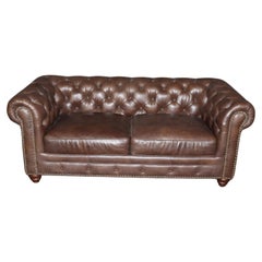 High Quality American-Made Brown Leather Tufted Chesterfield Sofa
