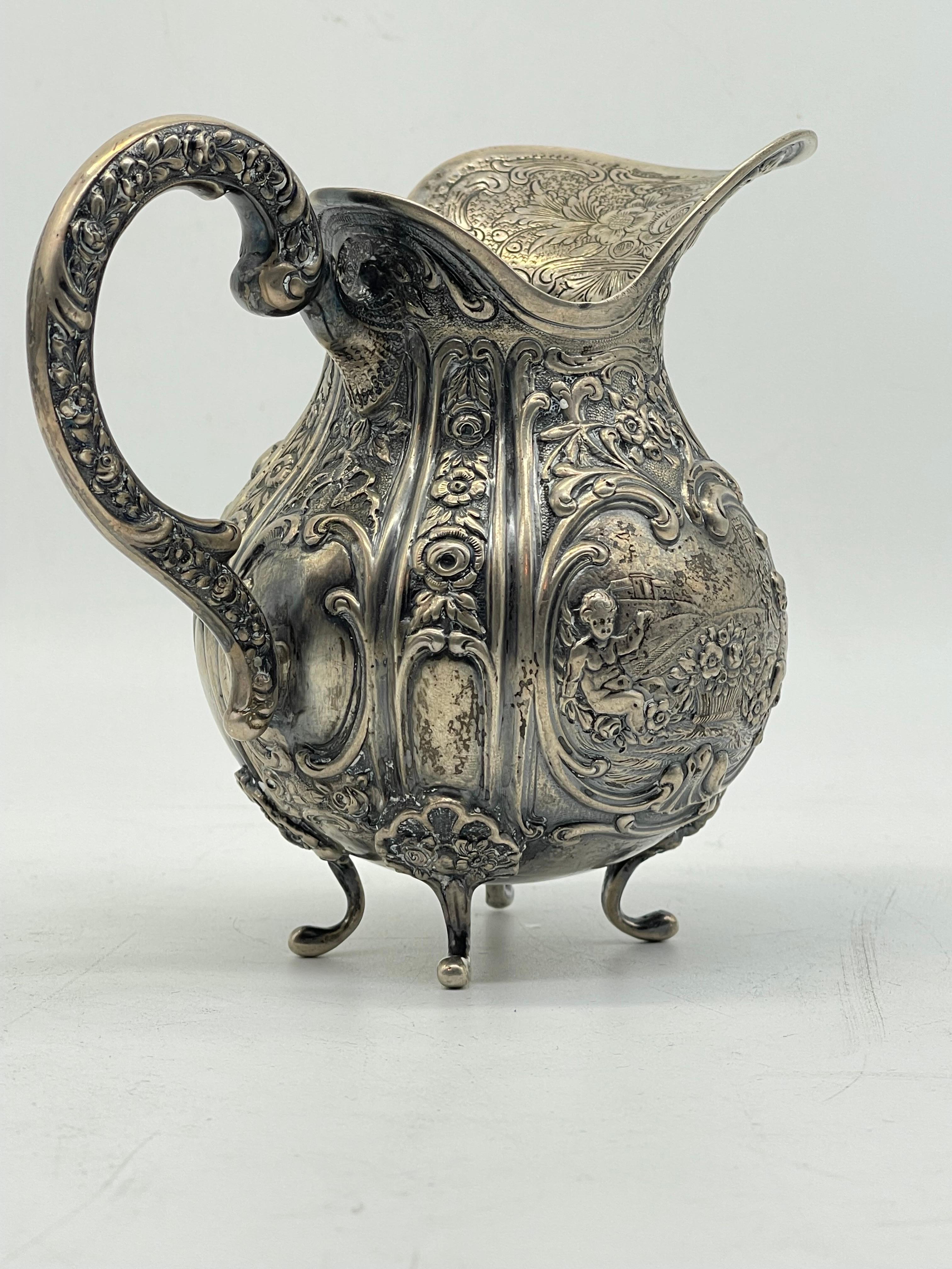 19th Century High-Quality Antique 800 Silver Milk Jug with Flowers & Children probably German For Sale