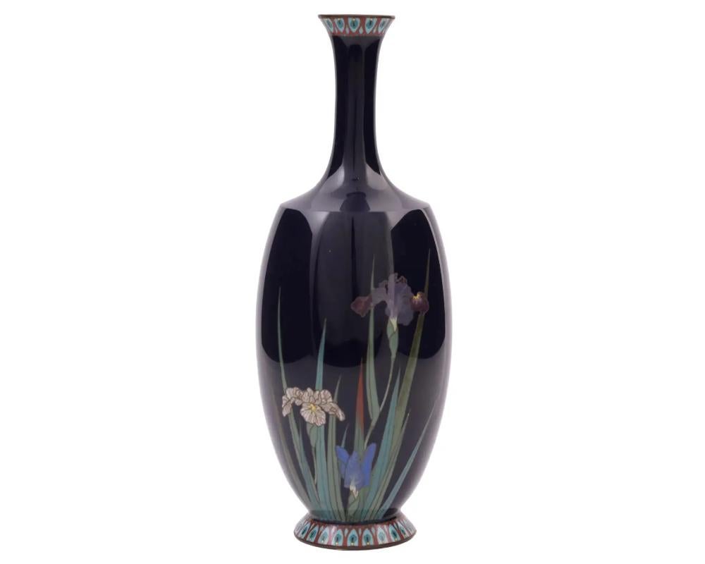 Meiji High Quality Antique Japanese Cloisonne Enamel Vase with Blossoming Iris Flowers For Sale