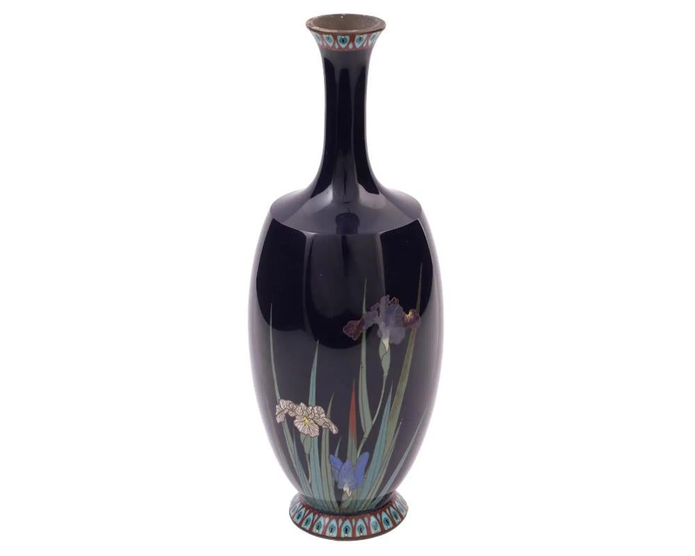 Cloissoné High Quality Antique Japanese Cloisonne Enamel Vase with Blossoming Iris Flowers For Sale