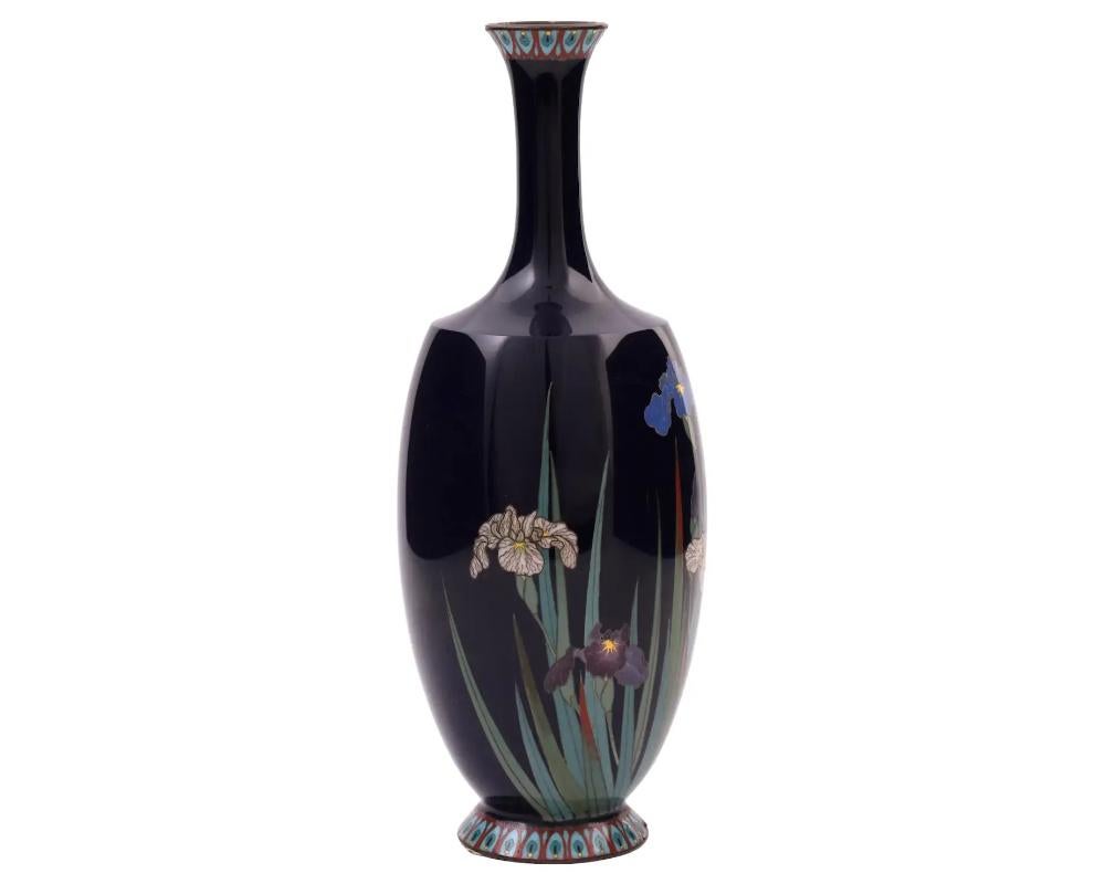 High Quality Antique Japanese Cloisonne Enamel Vase with Blossoming Iris Flowers In Good Condition For Sale In New York, NY