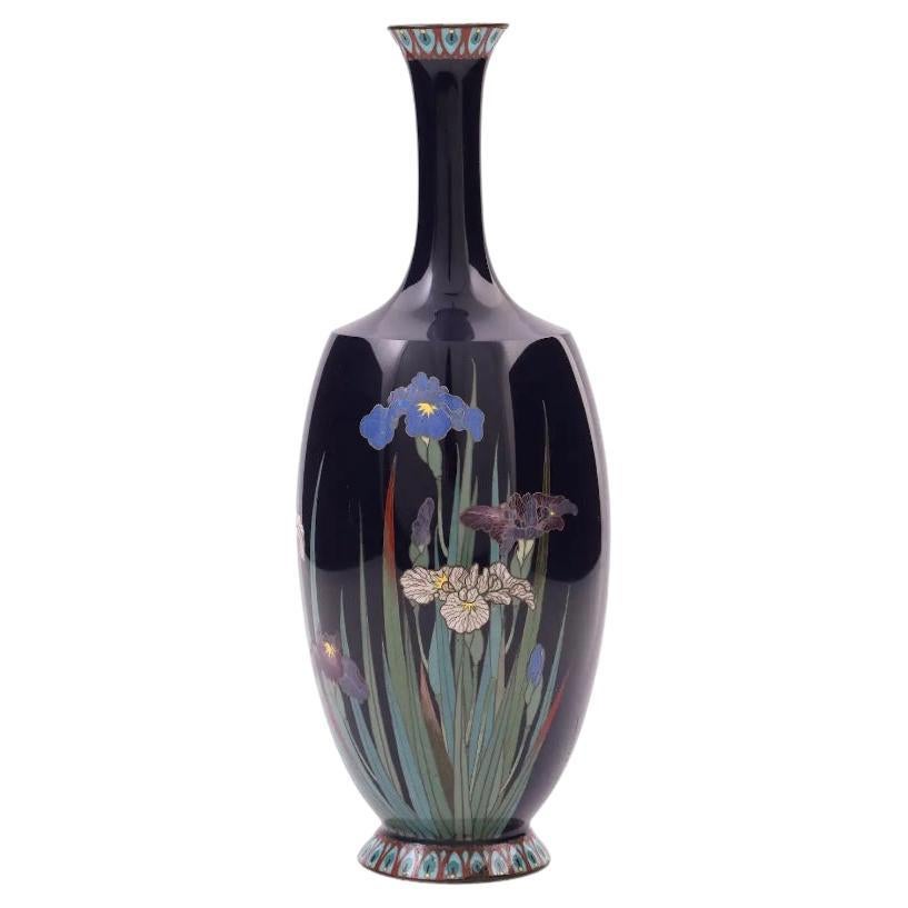 High Quality Antique Japanese Cloisonne Enamel Vase with Blossoming Iris Flowers For Sale