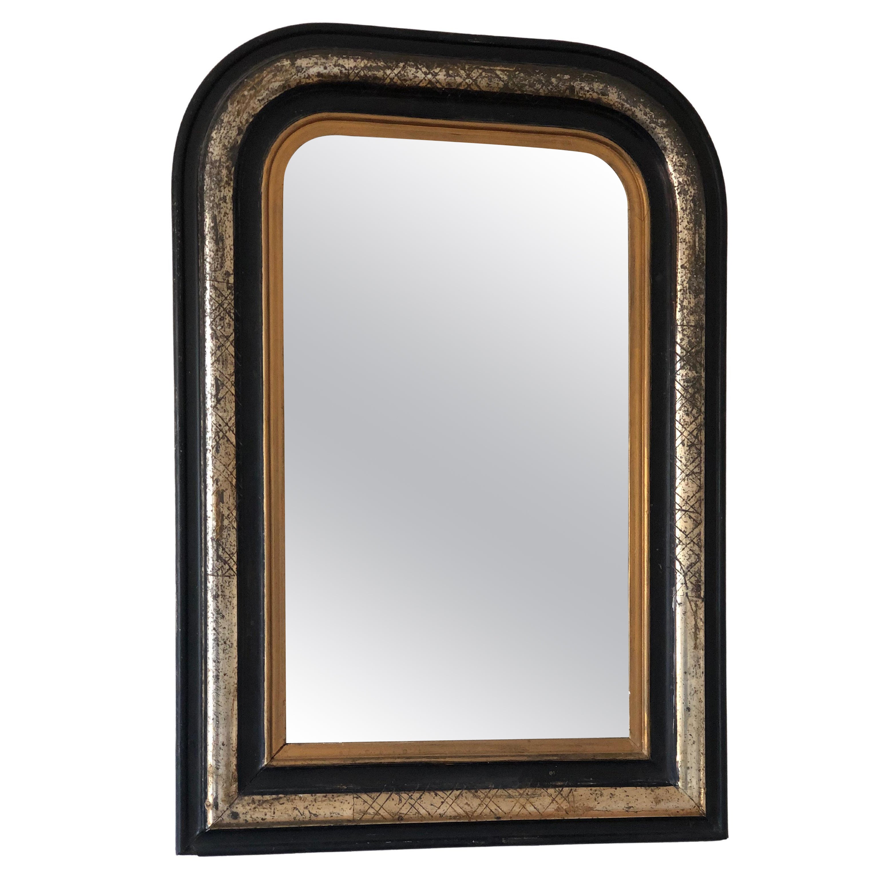 High Quality Antique Louis Philippe French Mirror in Black, Silver and Gold