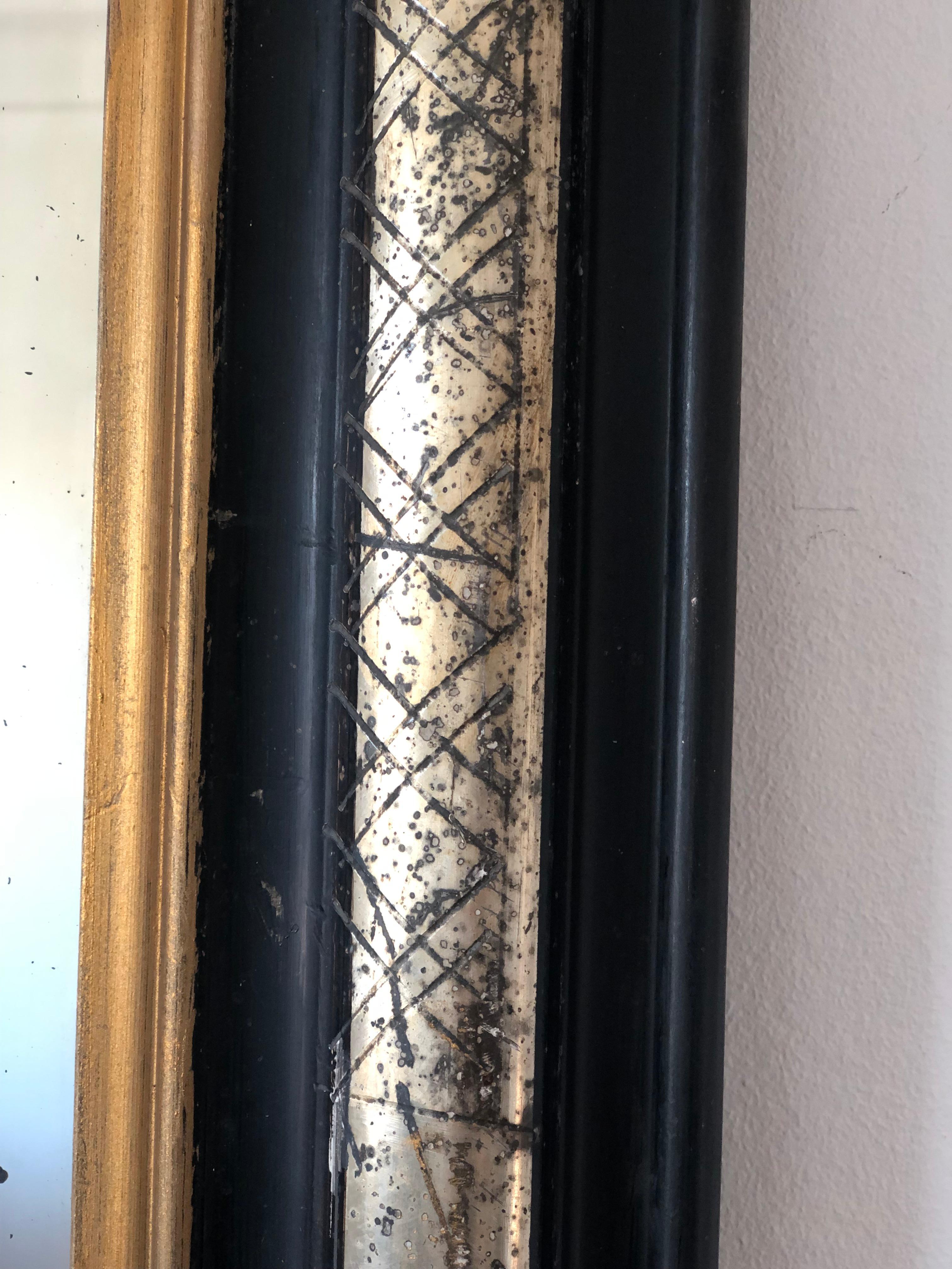 Espejo Antiguo Louis Philippe de Alta Calidad en Negro, Plata y Oro Francia Tardía Luis Felipe en venta