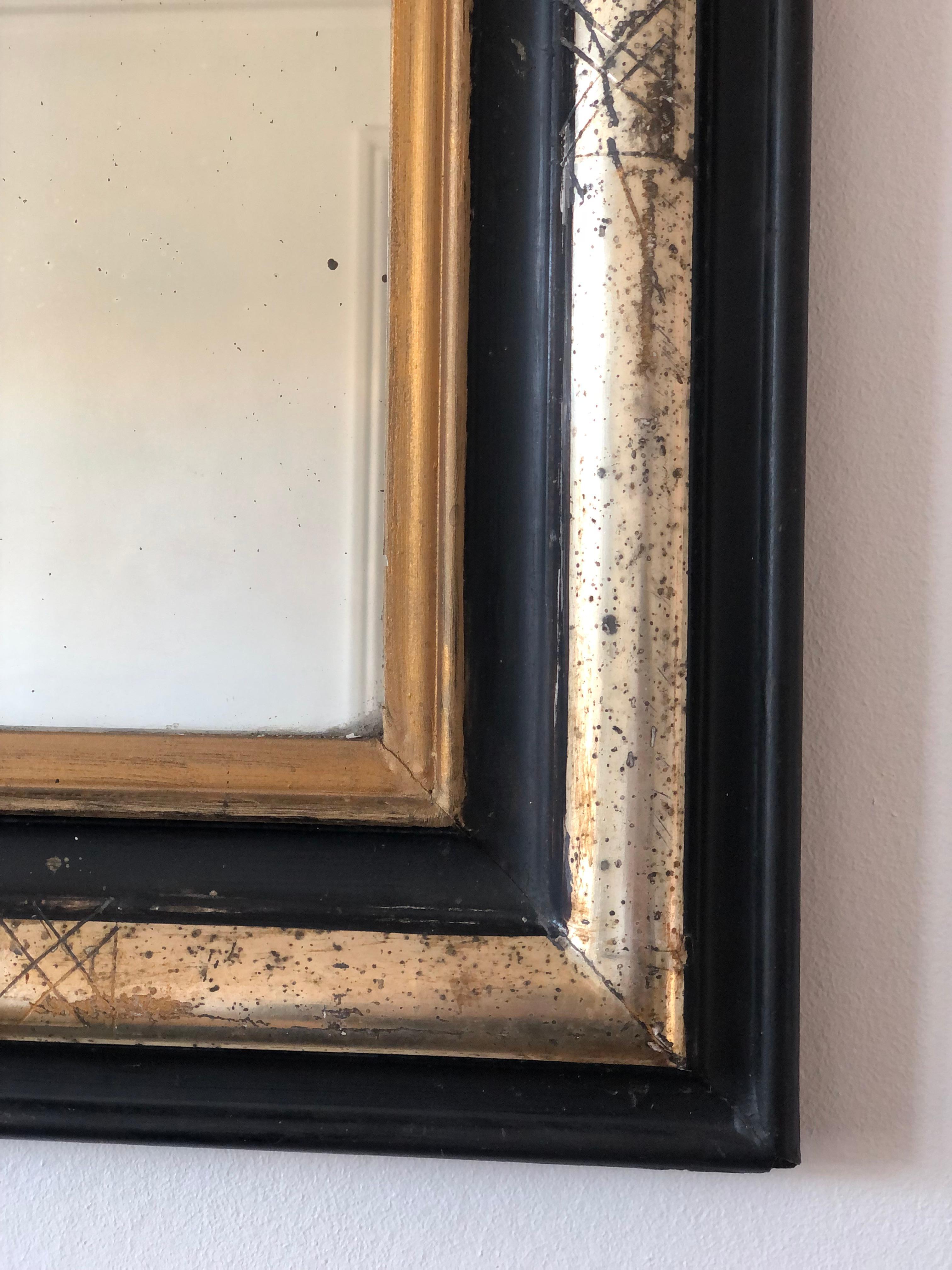 Espejo Antiguo Louis Philippe de Alta Calidad en Negro, Plata y Oro Francia Tardía Francés en venta