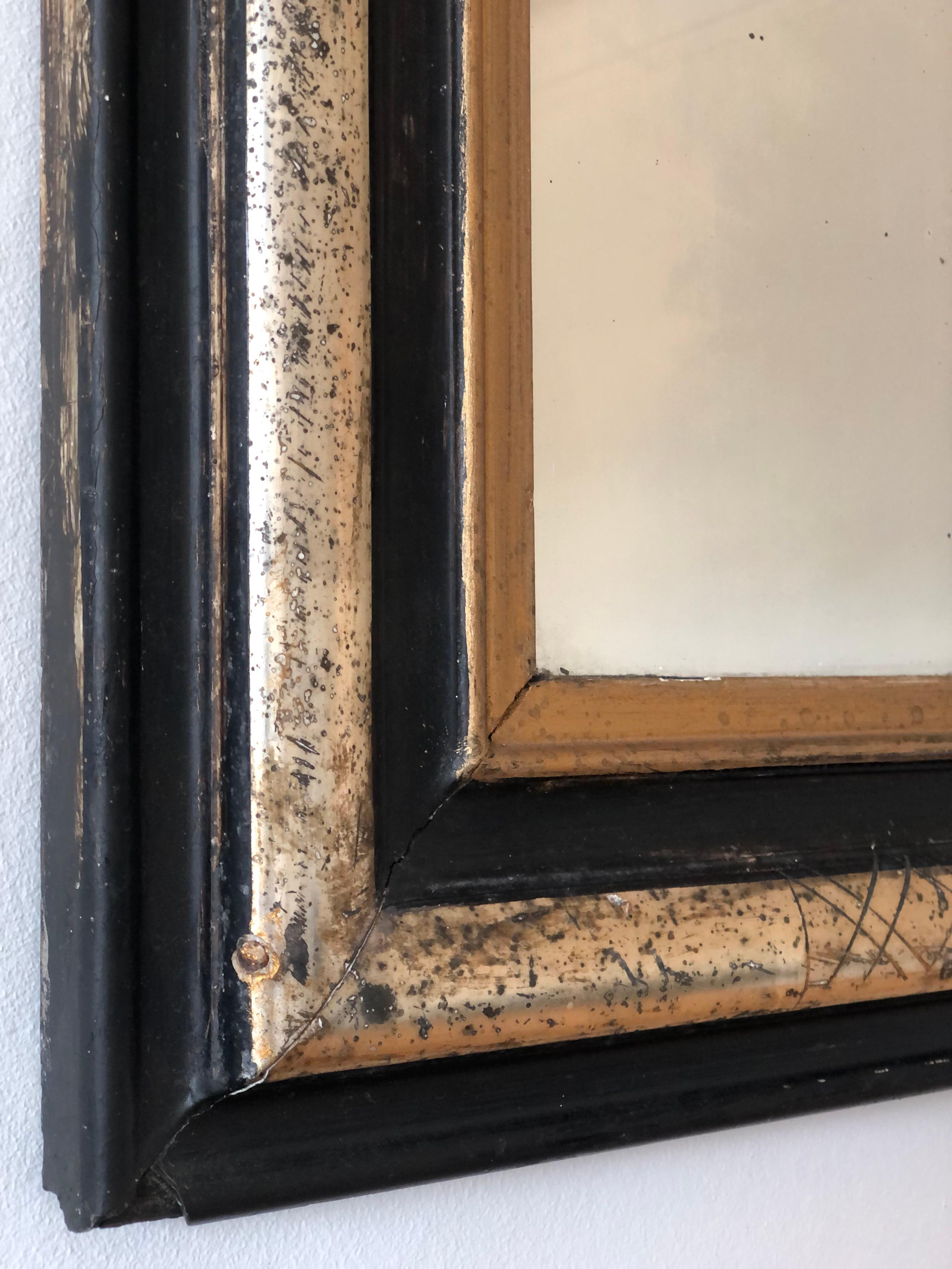 Espejo Antiguo Louis Philippe de Alta Calidad en Negro, Plata y Oro Francia Tardía siglo XIX en venta
