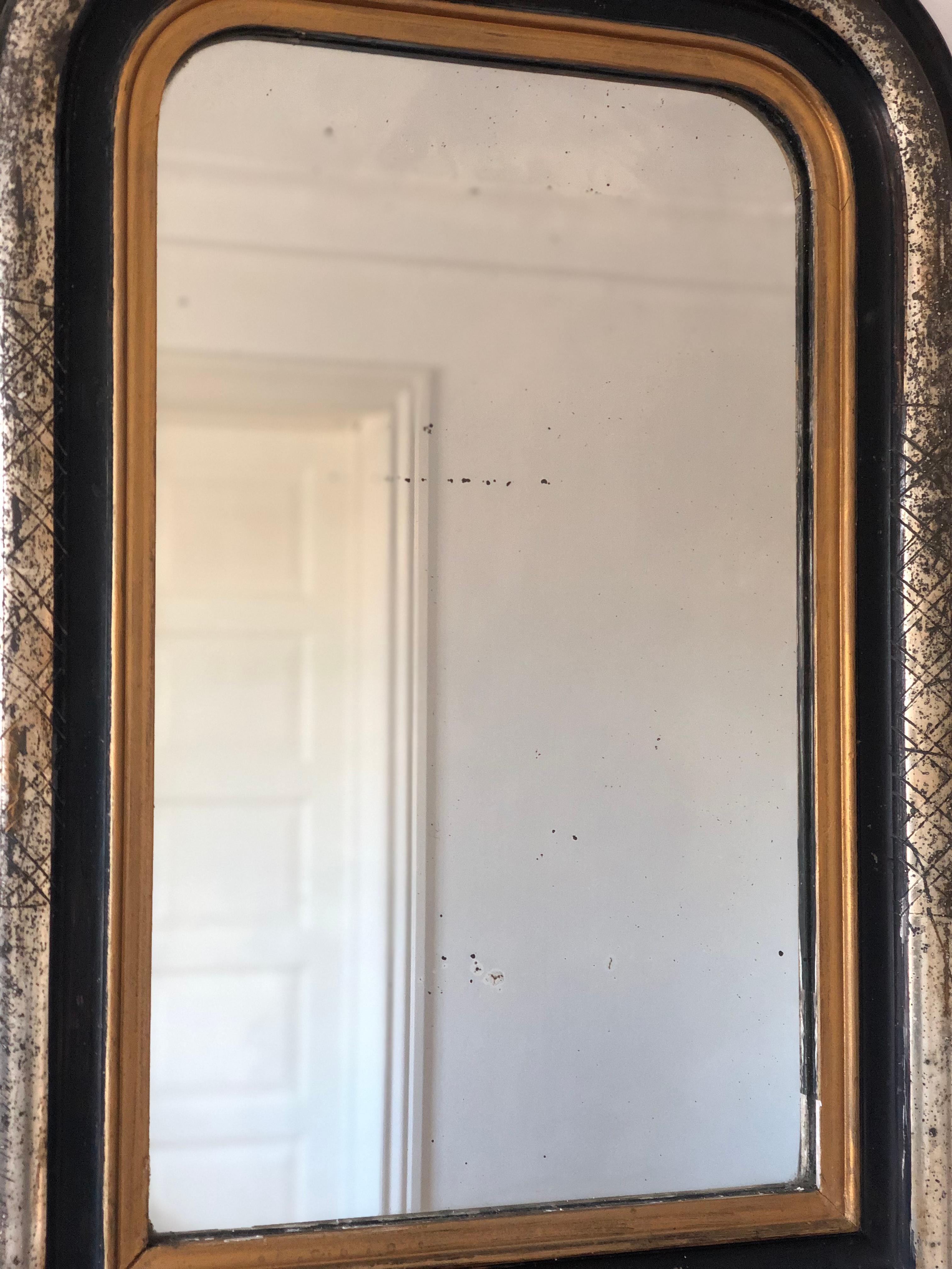 Espejo Antiguo Louis Philippe de Alta Calidad en Negro, Plata y Oro Francia Tardía en venta 1