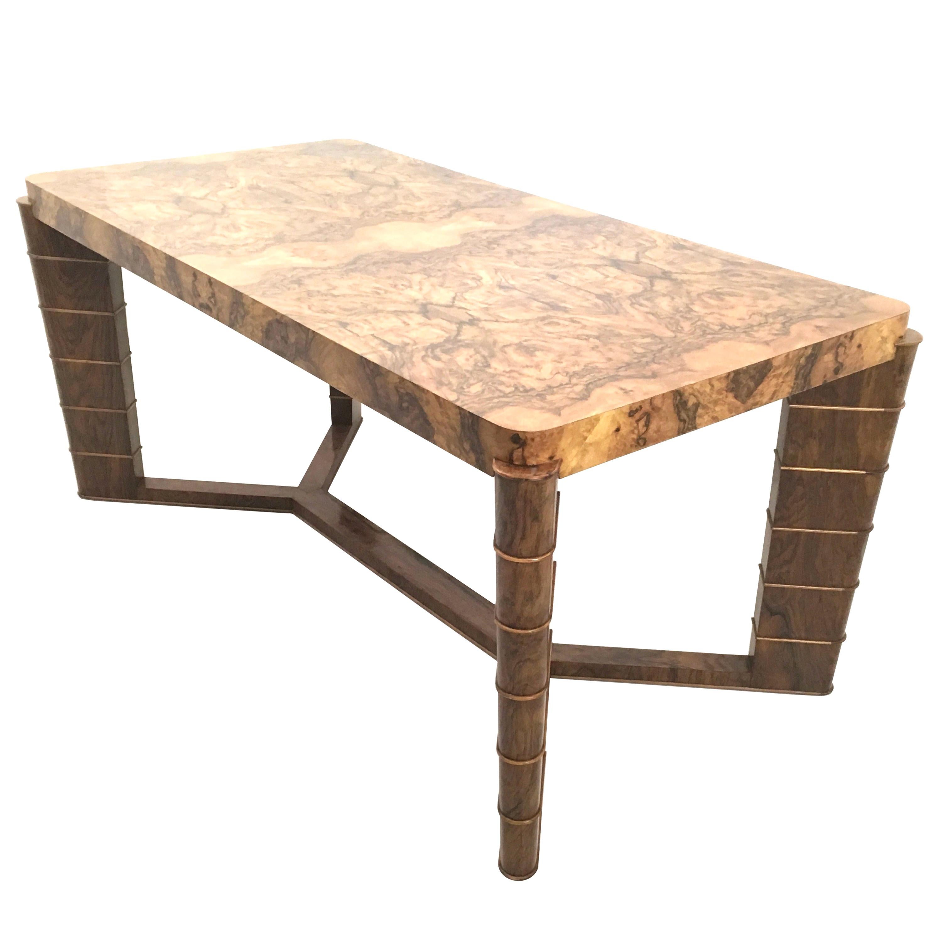 High-Quality Art Deco Rectangular Walnut and Root Dining Table, Italy