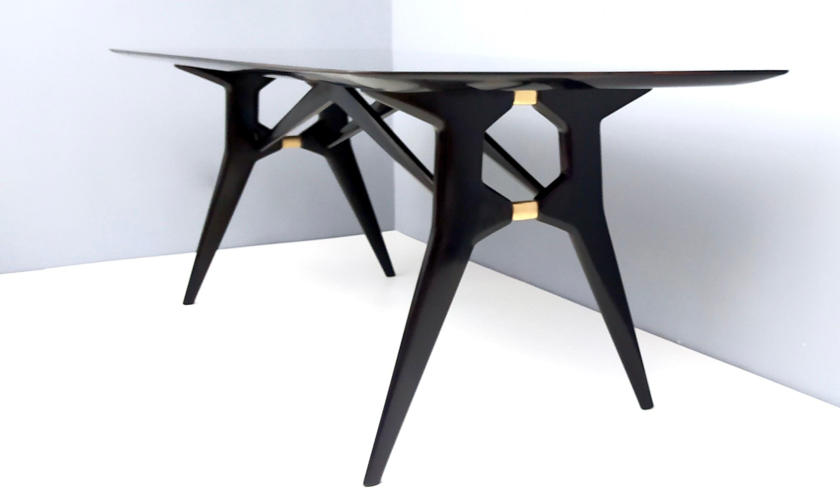 Brass High-Quality Vintage Rectangular Black Ebonized Wood Dining Table, Italy