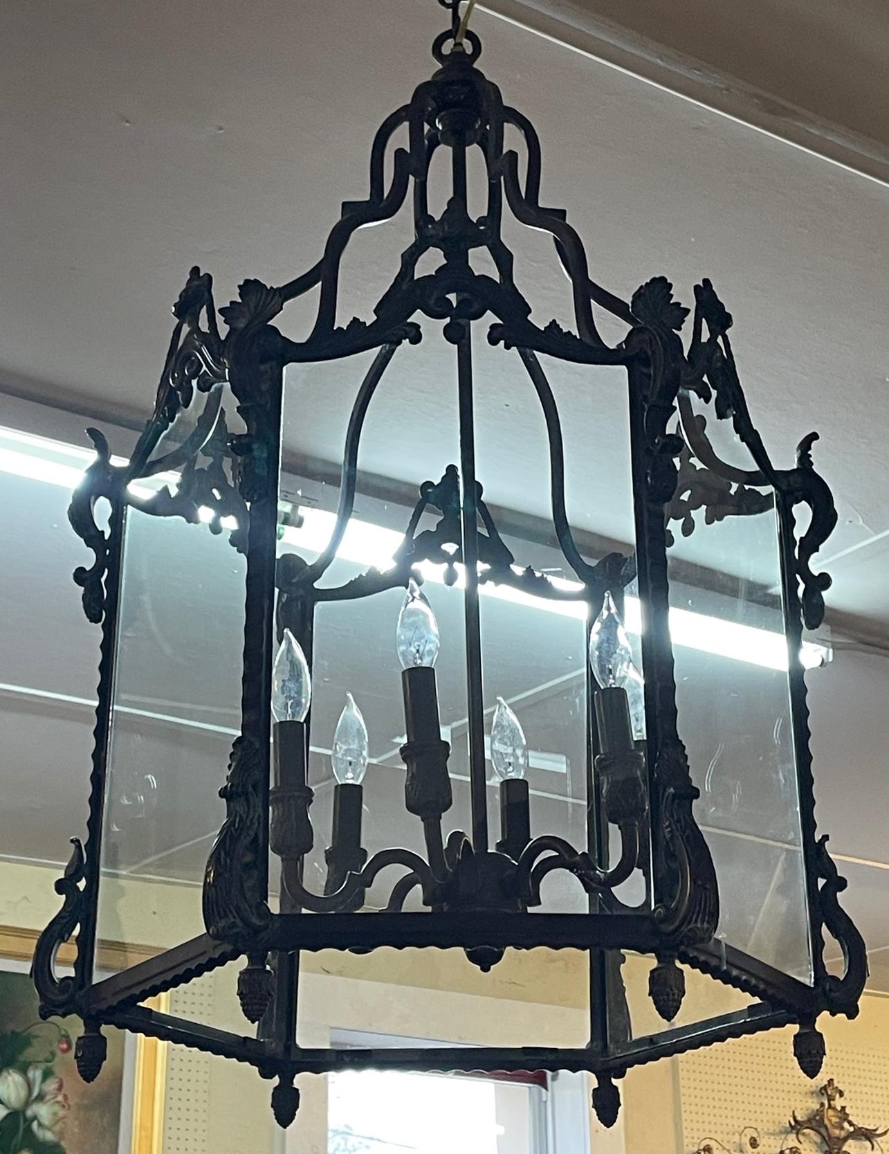 High Quality Bronze Patina 6 Light Chandelier Lantern 38 X 24 X 24 In Good Condition For Sale In Long Branch, NJ