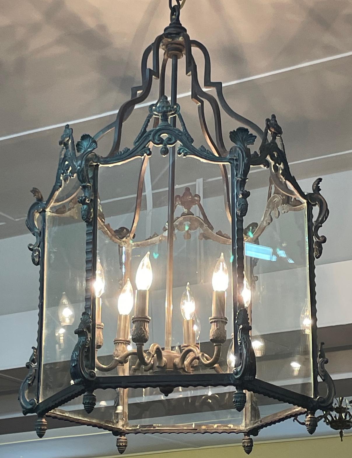 High Quality Bronze Patina 6 Light Chandelier Lantern 38 X 24 X 24 For Sale 3