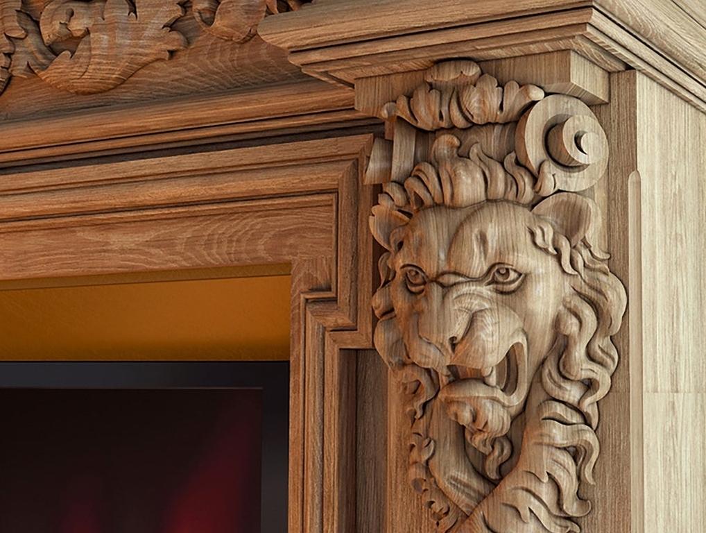 PAIR NARROW LION FACE SCROLL CORBEL BRACKETS ARCHITECTURAL ACCENT WOOD STAINED 