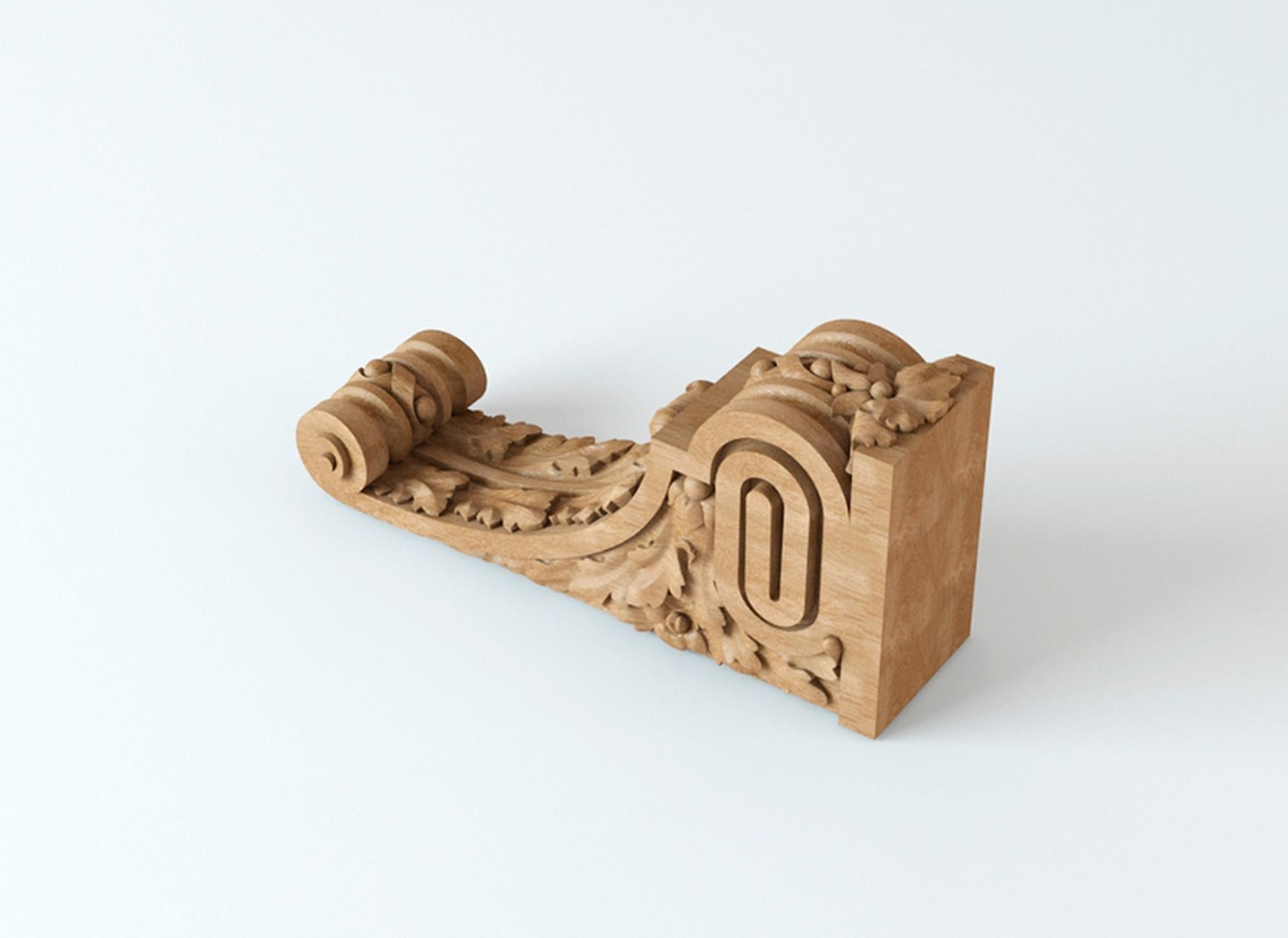 High-quality unfinished carved wooden corbel. Unpainted.

>> SKU: KR-056

>> Dimensions (A x B x C x d x e):

1) 9.09