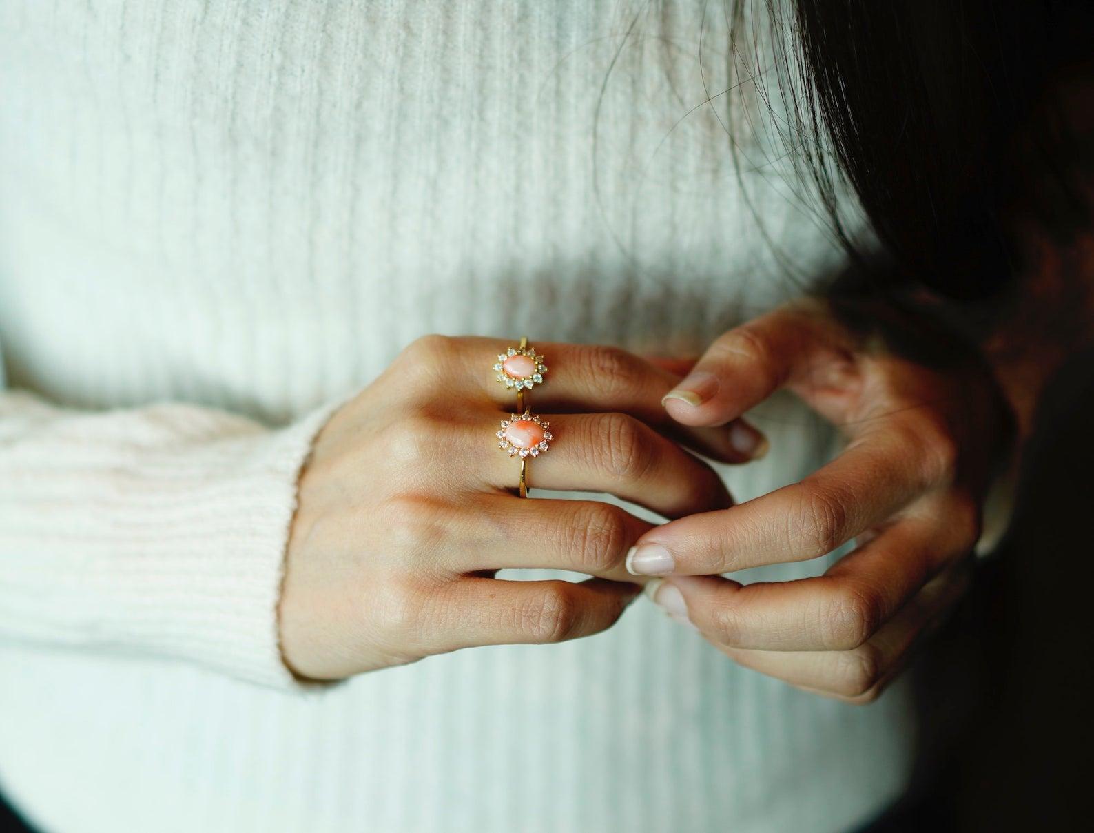 This Diamond Pink Coral Ring is beautifully made with high-quality diamonds, it's perfect for wedding, engagement, or anniversary gift. This artisan handcrafted ring is one of a kind beauty that can be adorned with any dress and on any occasion.