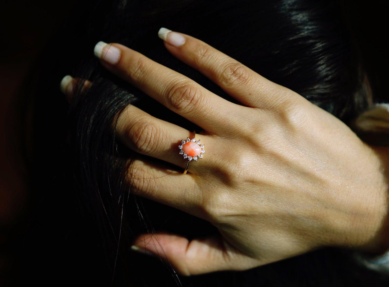 Artisan High Quality Diamond and Pink Coral Ring in 14 Karat Gold For Sale