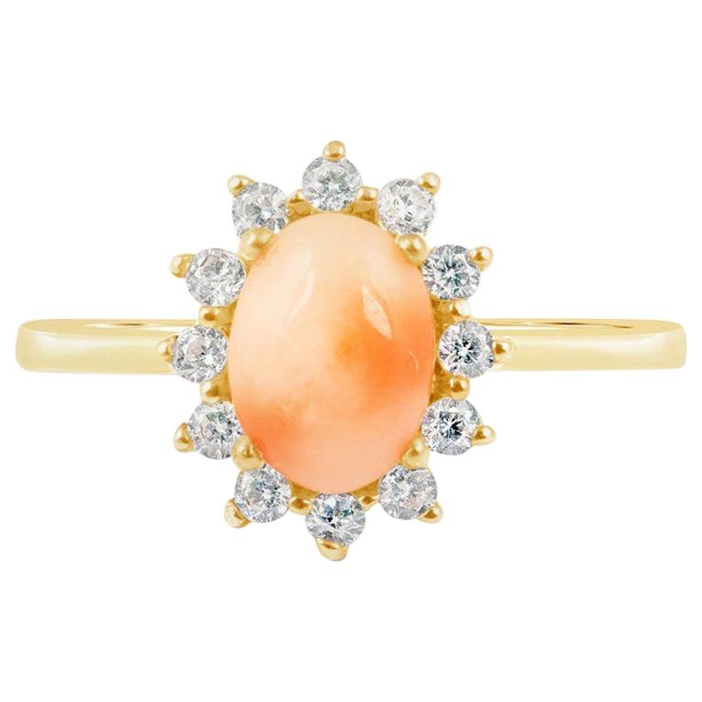 High Quality Diamond and Pink Coral Ring in 14 Karat Gold For Sale