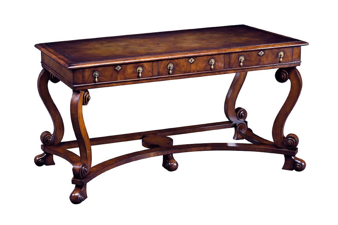 If you are looking for an impressive and unique statement piece of furniture this table is for you! This Wood & Hogan bench-made late 17th century William & Mary style Walnut writing / library table with hand colored English hide top with blind and