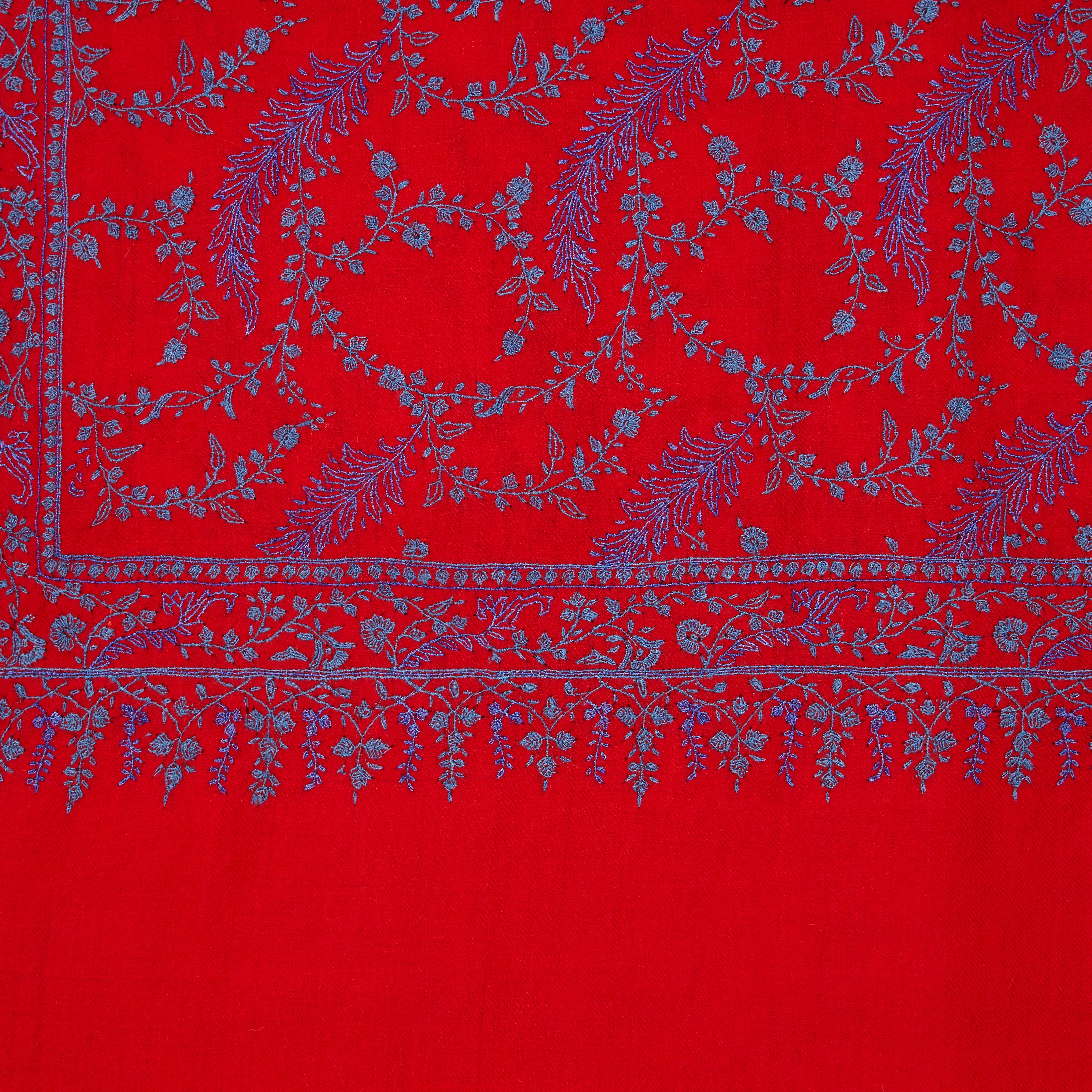 High Quality Hand Embroidered 100% Cashmere Shawl in Red & Blue 

The perfect Christmas gift for someone special - this shawl is unique and handmade. 
Verheyen London’s shawl is spun from the finest embroidered woven cashmere from Kashmir.  The