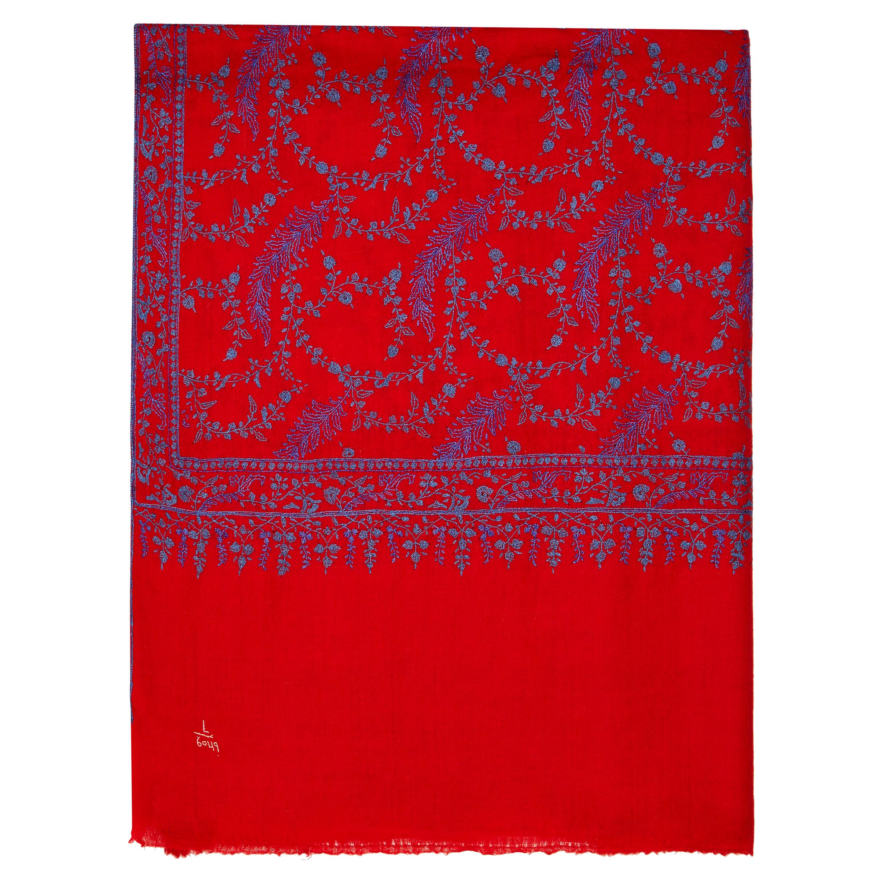 High Quality Hand Embroidered 100% Cashmere Shawl in Red & Blue  For Sale