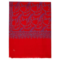 High Quality Hand Embroidered 100% Cashmere Shawl in Red & Blue 