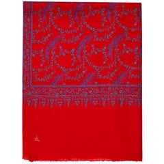 High Quality Hand Embroidered 100% Cashmere Shawl in Red & Blue 