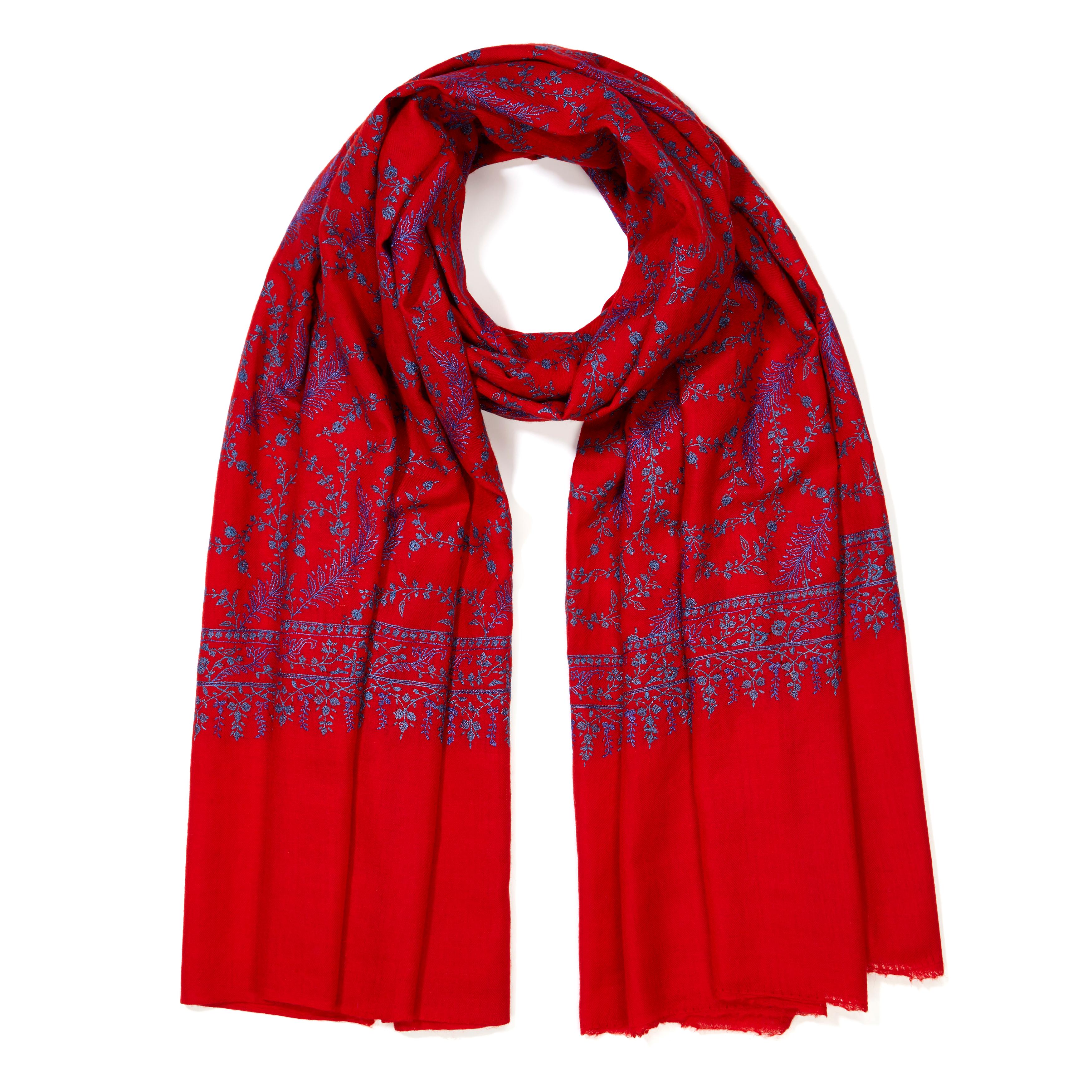 Women's or Men's High Quality Hand Embroidered 100% Cashmere Shawl in Red & Blue - New 