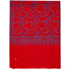 High Quality Hand Embroidered 100% Cashmere Shawl in Red & Blue - New 